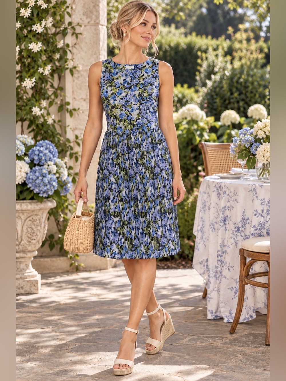 J.Jill Blue Floral Accordion Pleated Sleeveless Dress Size S Feminine Chic